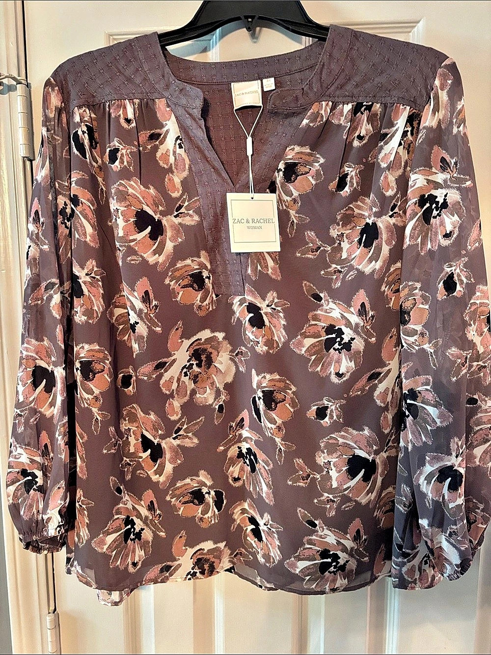 Zac & Rachel Autumn Fall Tones Floral Sheer Sleeves Blouse NWT